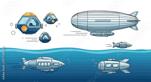 Retro pixel art fleet of futuristic submarines and airships navigating ocean waters
