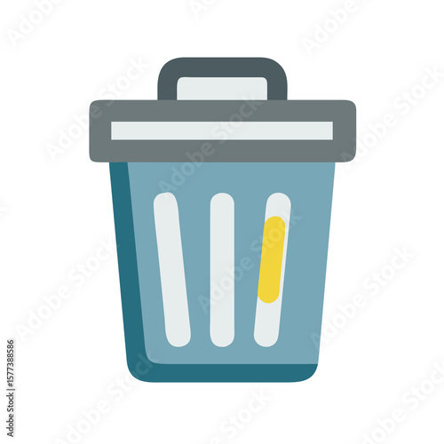 A blue trash can with a gray lid sits on white