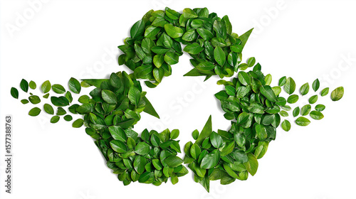 Green recycling symbol made of leaves, isolated on a white background in PNG format with transparent background. Eco-friendly design ideal for sustainability and environmental projects.