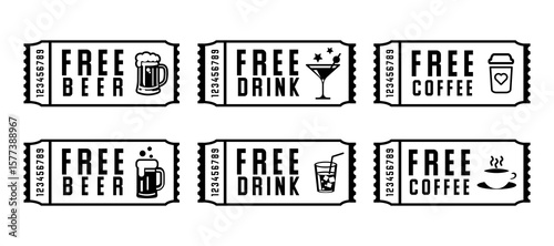 Set of black and white free drink coupons. Vector illustration. Logo. Free drink. Coffee. Cocktail. Isolated on white background