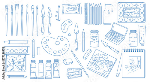 Art supplies and tools: detailed blue outline of paints, brushes, and sketchbook for creative studio