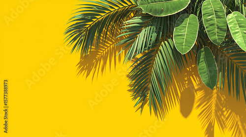 Vibrant Yellow Background with Lush Tropical Palm and Leaf Shadows