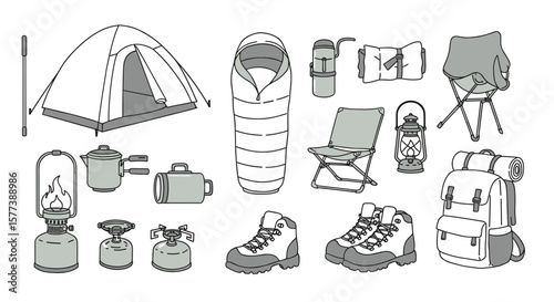 Camping equipment essentials set: tent, sleeping bag, stove, backpack, boots, lantern, and more