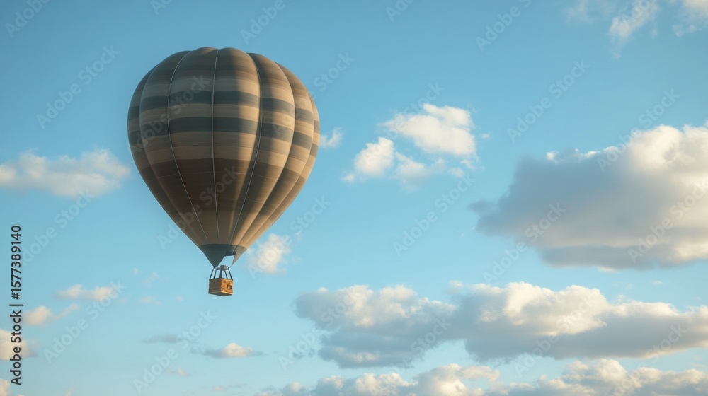 Fototapeta premium Hot Air Balloon Floating in Clear Sky with Fluffy Clouds