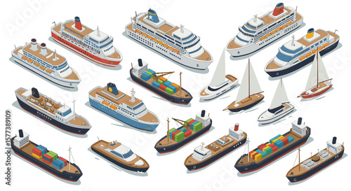 Diverse collection of isometric cruise ships, cargo vessels, and sailboats on white background