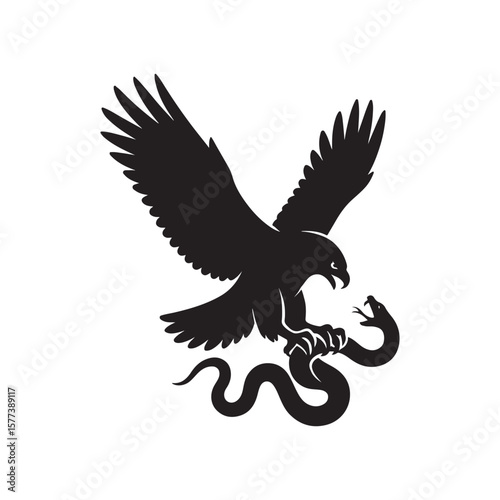 Eagle attack snake vector  silhouette Angry eagle holding snake and fight  vector illustration 