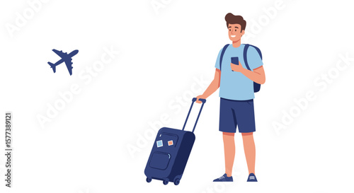 Young traveler with suitcase and smartphone next to airplane silhouette