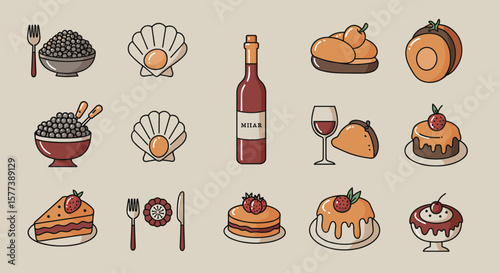 Gourmet cuisine elements with wine and desserts in outline style