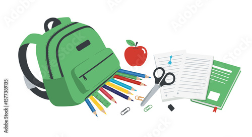 Back to school essentials: green backpack with supplies and apple on white background