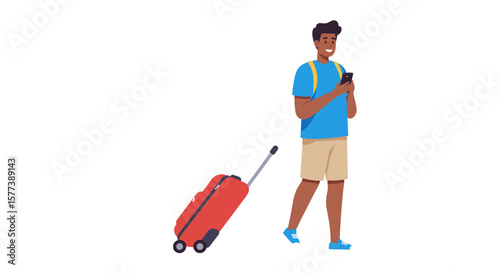 Young traveler walking with suitcase and smartphone in casual summer outfit
