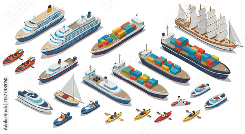 Isometric maritime transport collection featuring cruise ships, cargo ships, and sailboats in various designs