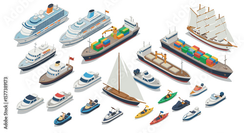 Isometric collection of various sea vessels including cruise ships, cargo containers, and small boats