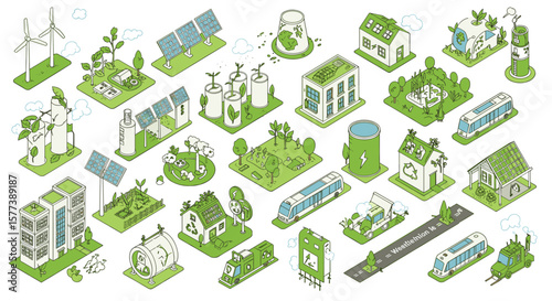 Sustainable energy and eco-friendly city concept with green technology elements