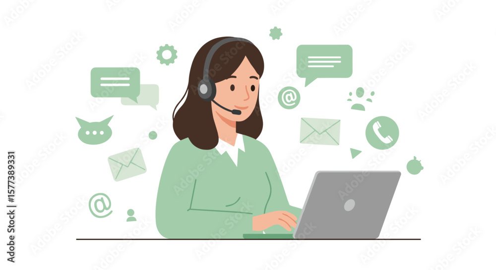 Customer service representative with headset using laptop surrounded by communication icons in flat design Customer service representative with headset using laptop surrounded by communication icons in flat design
