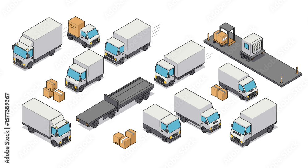 Isometric delivery trucks and cargo boxes on warehouse dock