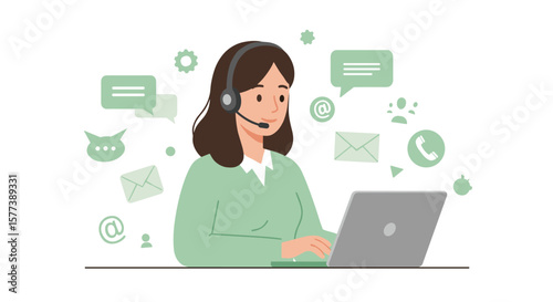 Customer service representative with headset using laptop surrounded by communication icons in flat design