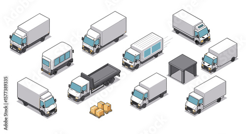Isometric delivery trucks and vans set with cargo packages and warehouse elements