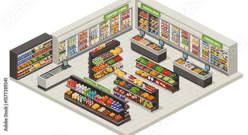 Isometric grocery store interior with displays of fresh produce, beverages, and snacks