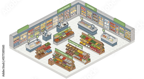 Isometric grocery store layout with shelves and produce displays