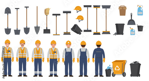 Construction workers and equipment in flat style with safety gear and tools