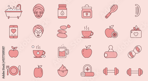 Flat minimalist icons: wellness, beauty, fitness, and relaxation essentials