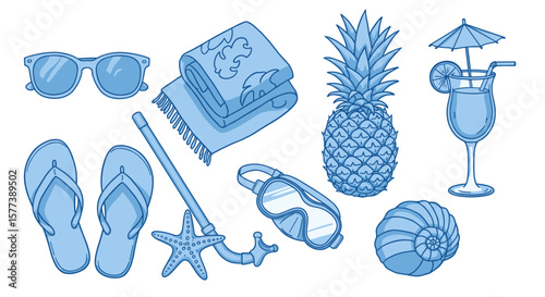 Monochromatic beach essentials in blue: summer holiday icons and travel accessories