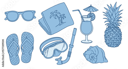 Blue summer beach essentials: sunglasses, towel, flip flops, and more