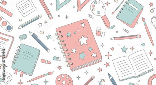 Pastel hand drawn stationery pattern with notebooks and art supplies