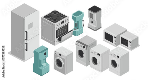 Modern home appliances collection in isometric style for innovative kitchen and home design