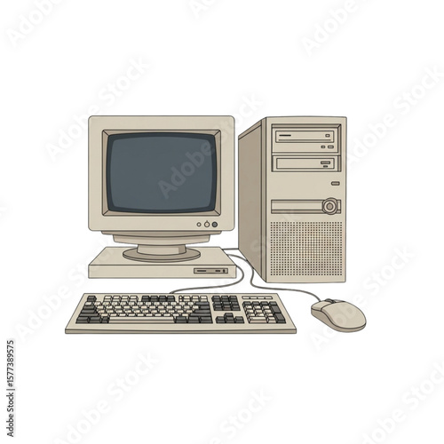 Illustration of a vintage personal computer setup with monitor, keyboard, and mouse.
