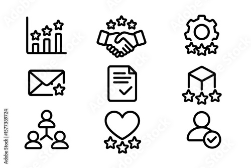 Business icons set: handshake, chart, gear, envelope, people, document, heart, box
