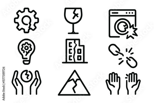 Dark linear icons representing concepts of maintenance and repair