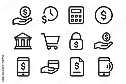 Minimalist financial icons: banking, shopping, security, payment, and digital transactions