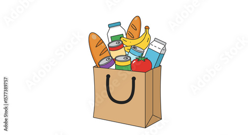Colorful grocery bag filled with bread, milk, cans, and fresh produce