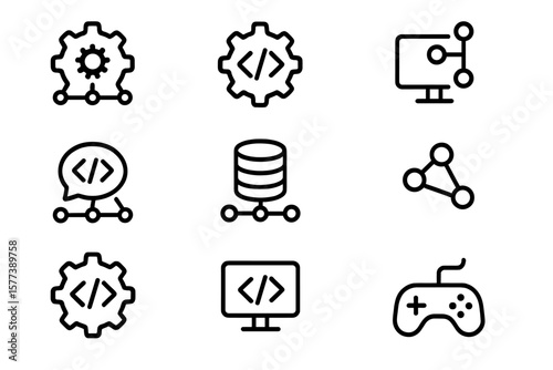 Monochrome technology icons with code and gear elements in seamless pattern