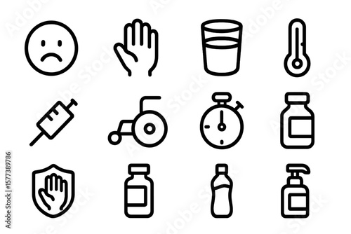 Essential health and safety icons: simple outline design for medical and wellness applications