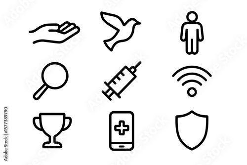 Minimalist black icons set on gradient background: health, tech, community