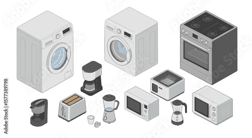 Modern home appliances collection in isometric style featuring kitchen and laundry essentials