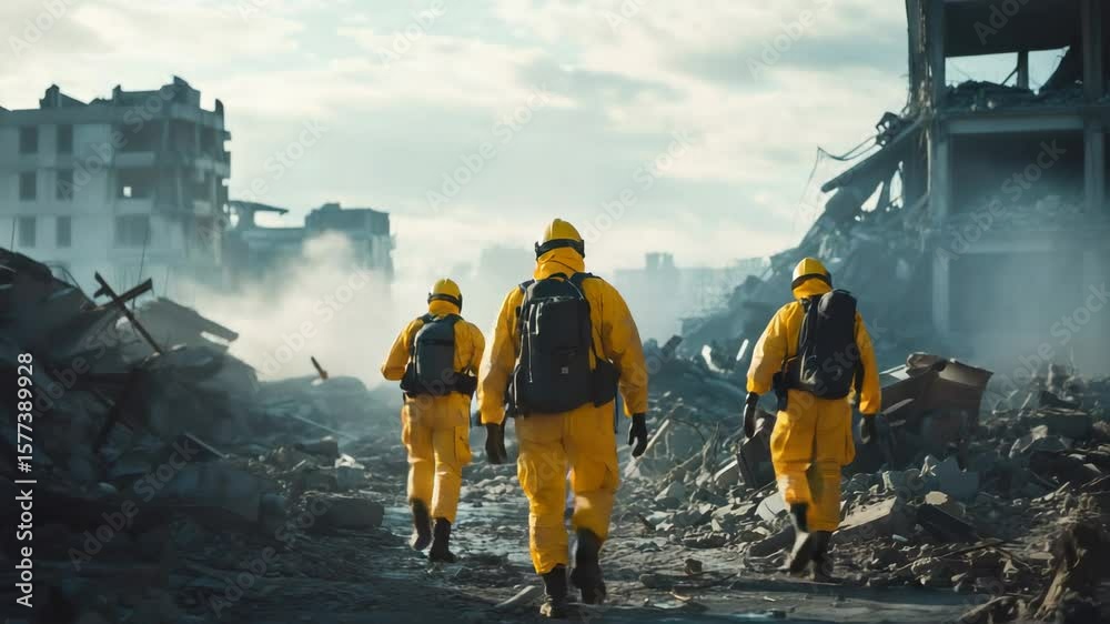 Specialized emergency team wearing protective hazmat suits navigating destroyed urban environment, carefully surveying extensive earthquake damage and potential structural risks