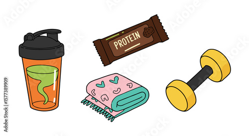 Fitness essentials: protein bar, shaker, dumbbell, and yoga mat