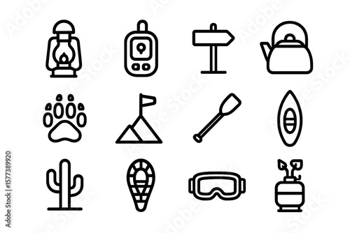 Camping equipment icons in modern minimalist design with subtle shadow effects