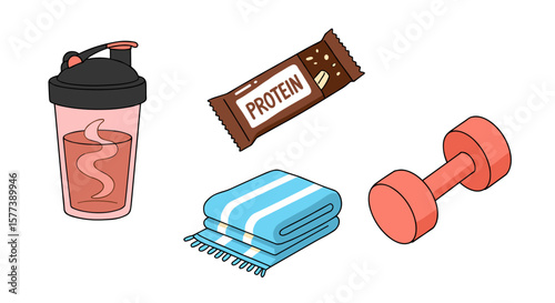 Fitness essentials set: shaker, protein bar, dumbbell and towel