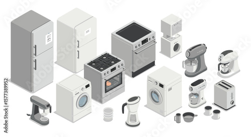 Isometric kitchen appliances set featuring modern cookware and gadgets