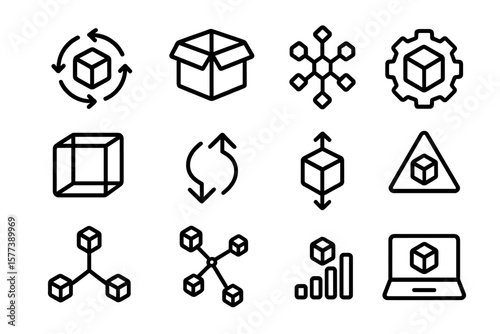 Seamless integration icons: minimalist geometric cubes and technology symbols