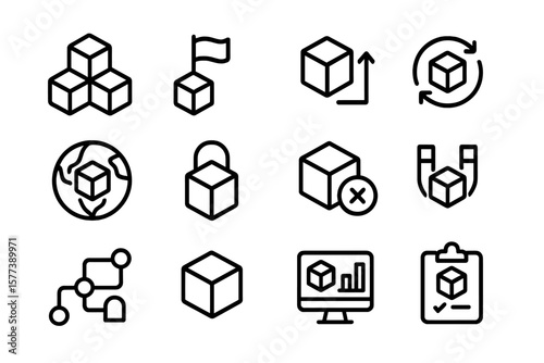 Set of linear blockchain icons with technology and data symbols on dark background