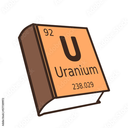 Minimalist vector illustration of a Uranium element designed as a 3D book icon. Uranium book isolated on white background. Educational concept for science, chemistry, and nuclear materials.