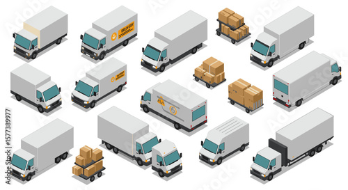 Isometric delivery trucks and cargo in various configurations