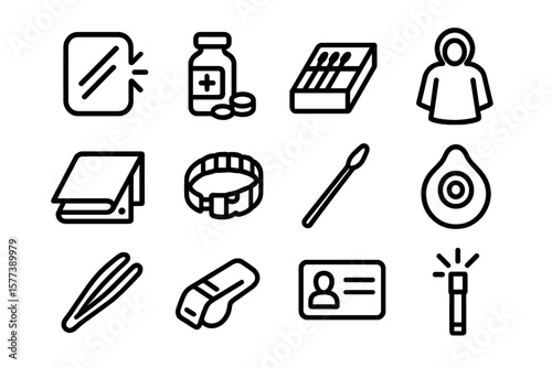 Diverse icon set featuring medicine, safety, and daily essentials in linear style