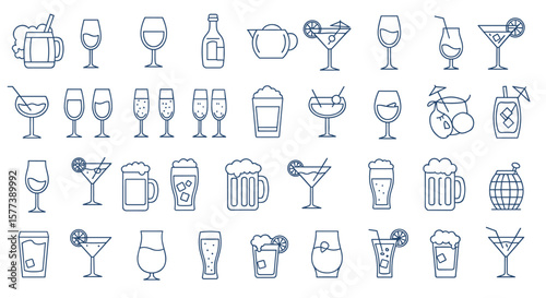Minimalist line art of diverse drink glasses and beverages collection