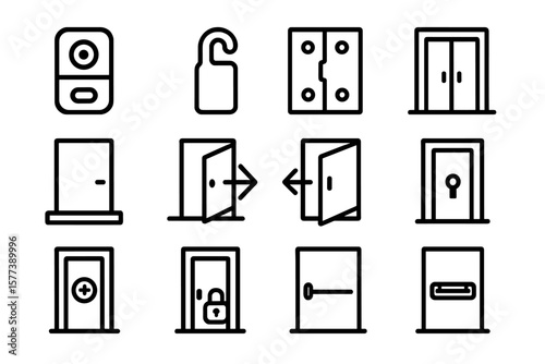 Linear door and lock icons set on dark background